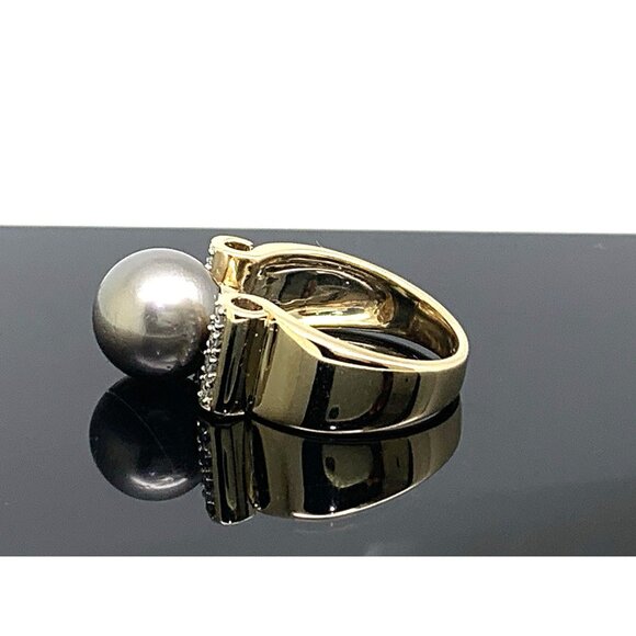 Black Pearl 9.5mm Diamond Cocktail Ring 14k Yellow Gold Estate Women's Size 4.75 - Picture 2 of 10